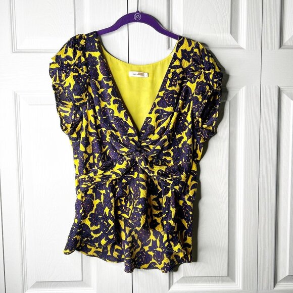 ALC Aya Yellow Purple Printed Jacquard V-Neck Cap Sleeve Top Women's Size 10 - Picture 1 of 8
